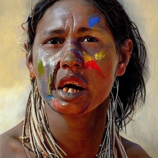 Prompt: high quality high detail painting by jenny saville, hd, full body of a indigenous tribe leader, photorealistic lighting