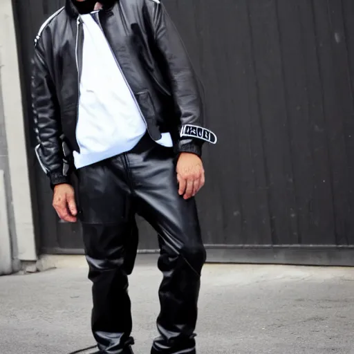 Prompt: sad middle aged man. black leather jacket, white adidas pants. extreme long shot