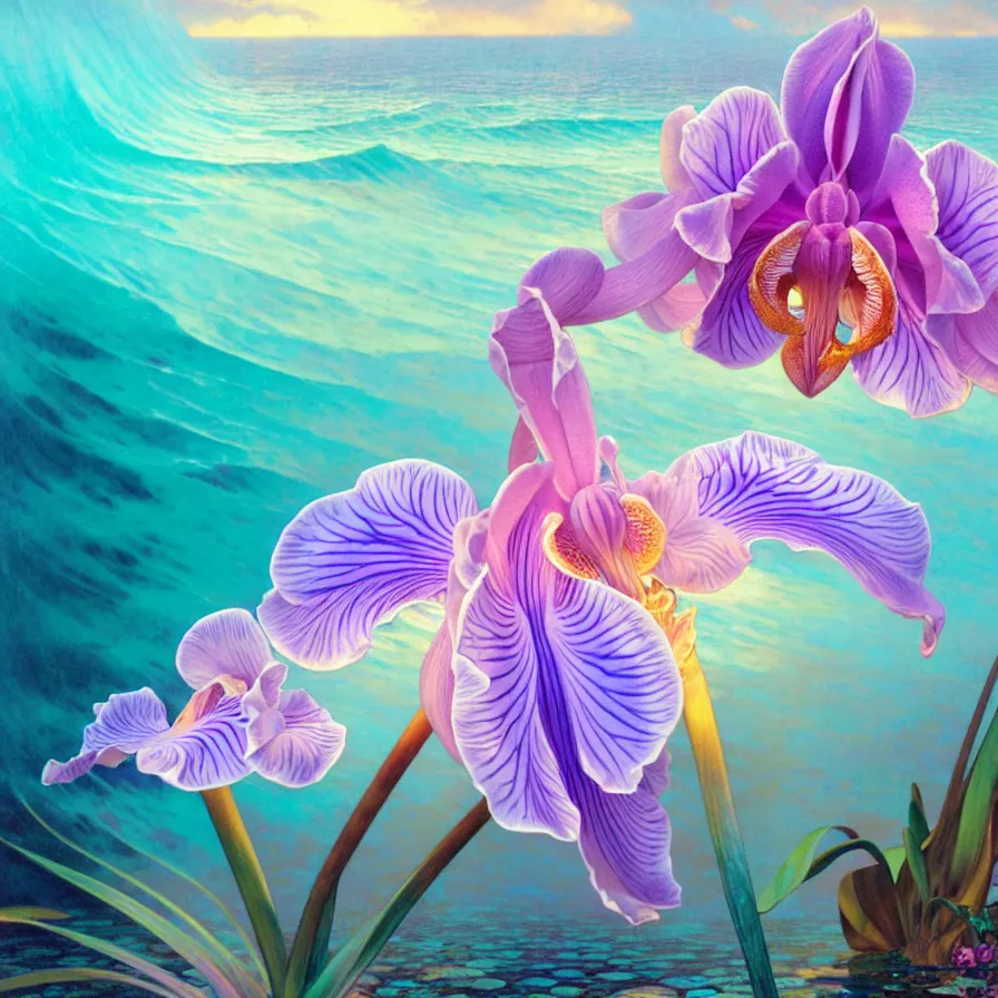 Image similar to detailed giant pastel holographic orchid iris hybrid flower surrounded by ocean waves, lsd water, lsd ripples, droplets, backlit, sunset, refracted lighting, art by collier, albert aublet, krenz cushart, artem demura, alphonse mucha