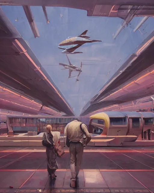 Image similar to a highly detailed epic cinematic concept art CG render digital painting artwork: retro futuristic Airport. By Greg Rutkowski, in the style of Francis Bacon and Syd Mead and Norman Rockwell and Beksinski, open ceiling, highly detailed, painted by Francis Bacon and Edward Hopper, painted by James Gilleard, surrealism, airbrush, Ilya Kuvshinov, WLOP, Stanley Artgerm, very coherent, triadic color scheme, art by Takato Yamamoto and James Jean