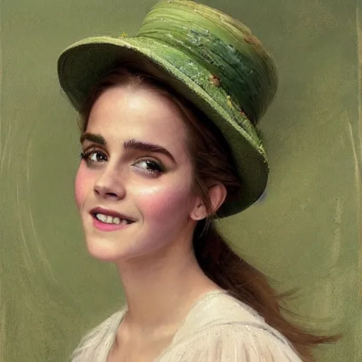 Image similar to thick paint brush strokes full body fashion model smiling emma watson by Jeremy Lipking by Hasui Kawase by Richard Schmid (((smokey eyes makeup eye shadow fantasy, glow, shimmer as victorian woman in a long white frilly lace dress and a large white hat having tea in a sunroom filled with flowers, roses and lush fern flowers ,intricate, night, highly detailed, dramatic lighting))) , high quality