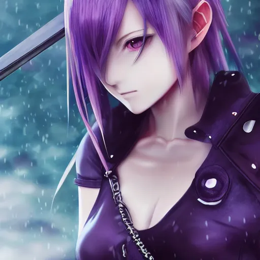 Image similar to beautiful anime girl in the style of final fantasy 7 with purple eyes, wearing jeans, perfect body, standing in the rain, high quality anime art, trending on artstation, 8K octane render, wallpaper