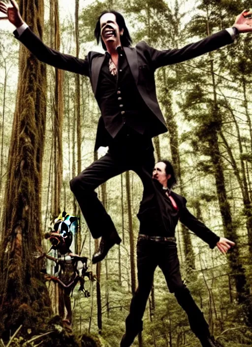 Image similar to a photo of an exuberant nick cave finding a giant devil in the deep forest