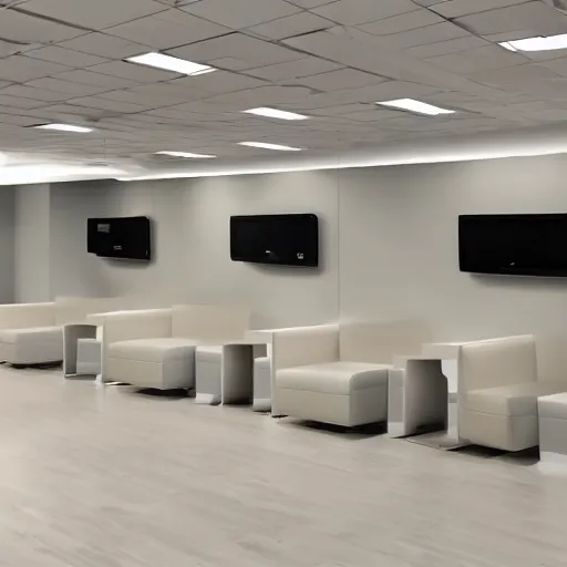 Prompt: a corporate waiting room, liminal, surreal, mostly white color scheme