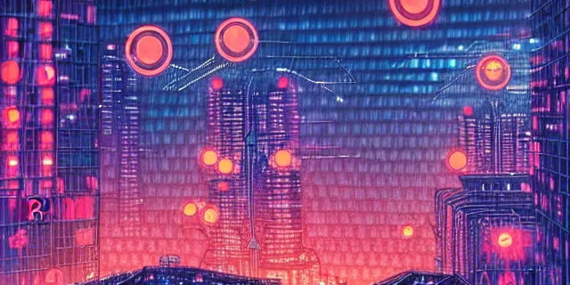 Image similar to network of technological dots floating in the middle of a cyberpunk tokyo 2 0 9 9 city, in the art style of dan mumford and marc simonetii, atmospheric lighting, intricate, volumetric lighting, beautiful, sharp focus, ultra detailed