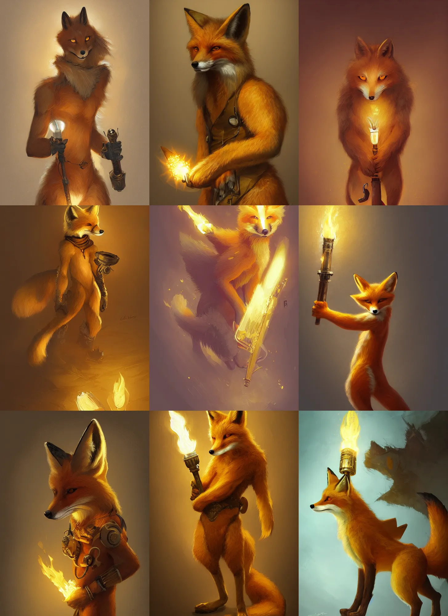 Prompt: yellow anthro fox holding a torch, fursona, furry, intricate, highly detailed, digital painting, artstation, concept art, smooth, sharp focus, illustration, aleksi briclot, rutkowski, mucha