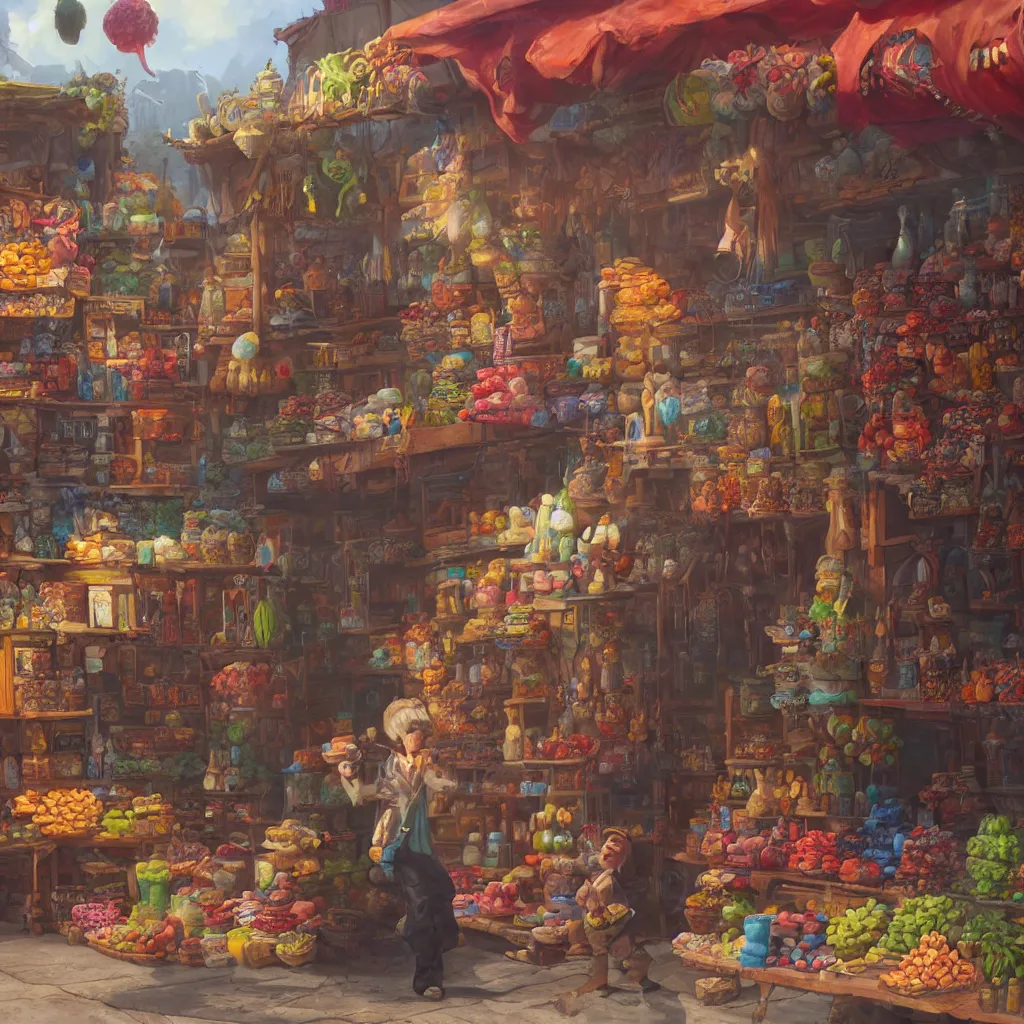 Prompt: a beautiful portrait painting of weird happy monster merchant in an outdoor bazaar by james gurney | unreal engine :. 3