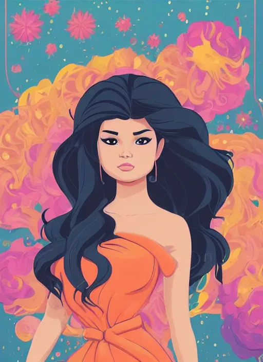 Image similar to woman, black hair, tan skin, curvy, slight resemblance to selena gomez. colorful voluminous disney princess dress. clean cel shaded vector art. shutterstock. behance hd by lois van baarle, artgerm, helen huang, by makoto shinkai and ilya kuvshinov, rossdraws, illustration,