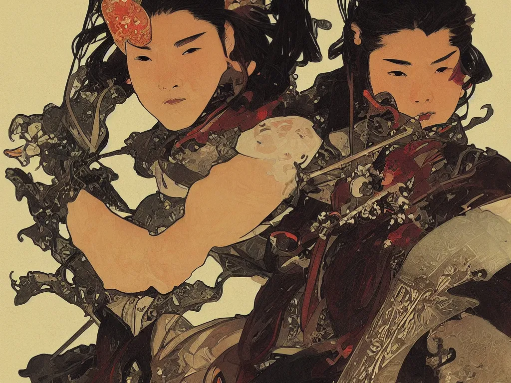 Image similar to close up of a samurai in full armor, by fiona staples, alphonse mucha, sachin teng