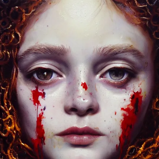 Image similar to sadie sink expressive oil painting, of helena bonham carter mixed with sophia lauren, bumpy mottled skin full of blood and scars, ornate headpiece made from crystals, cables and wires, body horror, by yoshitaka amano, by greg rutkowski, by jeremyg lipkinng, by artgerm, digital art, octane render