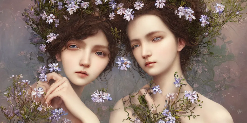 Image similar to breathtaking detailed concept art painting portrait of goddess of nemophila flowers, orthodox saint, with anxious piercing eyes, ornate background, amalgamation of leaves and flowers, by hsiao - ron cheng, extremely moody lighting, 8 k