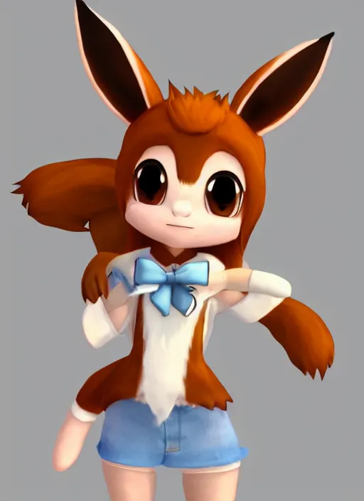 Image similar to female eevee mini cute style, character adoptable, highly detailed, rendered, ray - tracing, cgi animated, 3 d demo reel avatar, style of maple story and zootopia, maple story eevee, fluffy, dark skin, cool clothes, soft shade, soft lighting