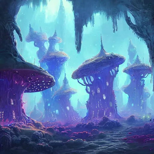 Image similar to concept art detailed painting of a dark purple fantasy fairytale fungal town made of mushrooms, with glowing blue lights, in the style of jordan grimmer and neil blevins and wayne barlowe