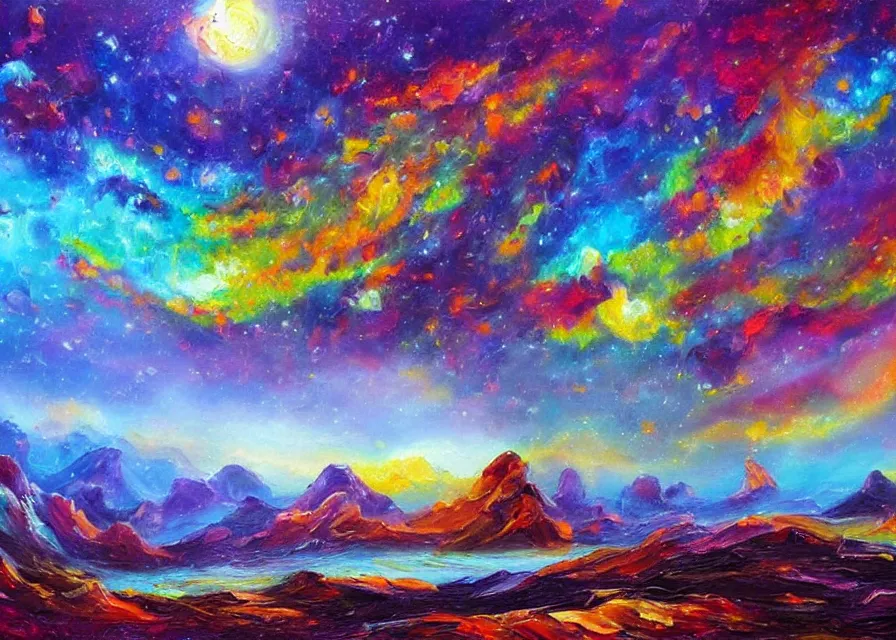 Prompt: beautiful alien landscape, colorful oil painting
