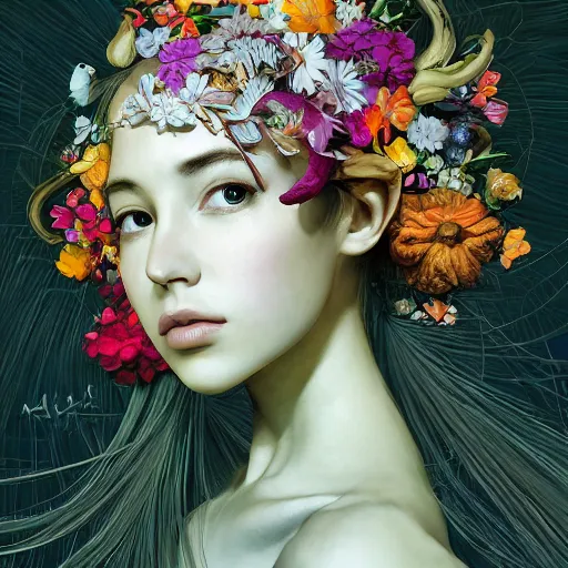 Image similar to the portrait of an absurdly beautiful, graceful, elegant young woman made of bananas and petals looking up, an ultrafine detailed illustration by kim jung gi, irakli nadar, intricate linework, bright colors, octopath traveler, final fantasy, angular, unreal engine 5 highly rendered, global illumination, radiant light, detailed and intricate environment