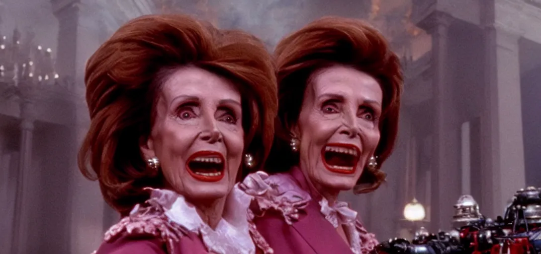 Image similar to film still of nancy pelosi as zuul in ghostbusters. on top of building with gargoyles at her side.