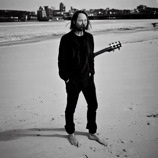 Prompt: lost Thom Yorke standing on the beach with a guitar, london burning on fire and smoke, a photo by John E. Berninger, trending on pinterest, private press, associated press photo, angelic photograph, masterpiece