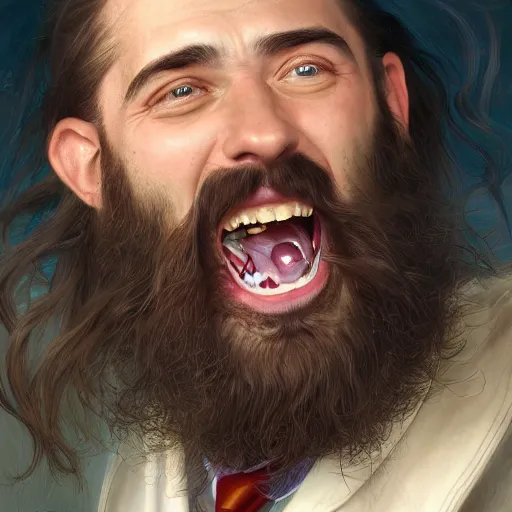 Image similar to an portrait of an male doctor laughing, beard, long hair, detailed, centered, digital painting, artstation, concept art, donato giancola, Joseph Christian Leyendecker, WLOP, Boris Vallejo, Breathtaking, 8k resolution, extremely detailed, beautiful, establishing shot, artistic, hyperrealistic, beautiful face, octane render, cinematic lighting, dramatic lighting, masterpiece