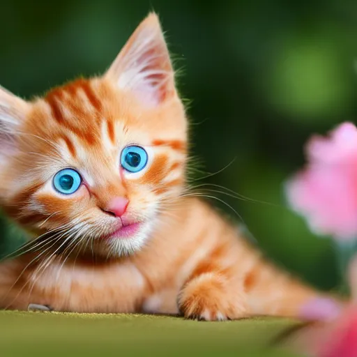 Prompt: cute ginger kitten, big green eyes, flowers,