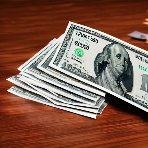 Image similar to a large stack of $ 1 0 0 bills with a money band around it sitting on a wooden table, 8 k, photorealistic, hyper realism, cinematic, movie still, octane render,