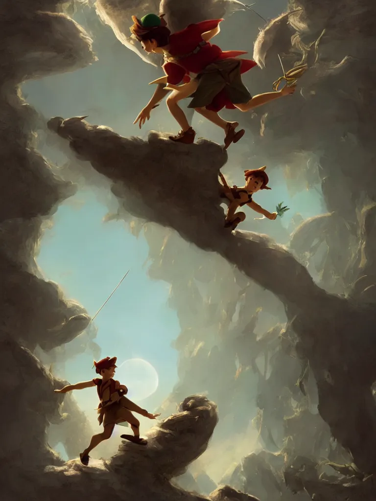 Image similar to peter pan, by disney concept artists, blunt borders, golden ratio, beautiful light