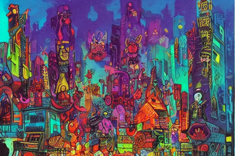 Prompt: surreal colorful nightmarish cityscape, artwork by Ralph Bakshi