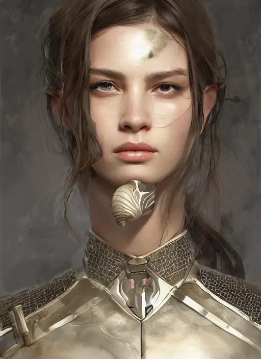 Image similar to a professional painting of a beautiful young female, clothed in military armor, olive skin, long dark hair, beautiful bone structure, symmetrical facial features, intricate, elegant, digital painting, concept art, smooth, sharp focus, illustration, from Metal Gear, by Ruan Jia and Mandy Jurgens and Artgerm and William-Adolphe Bouguerea