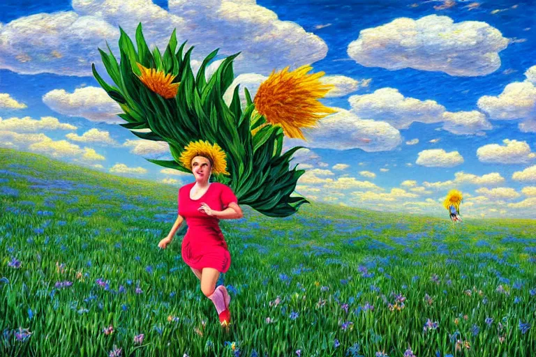 Prompt: giant flower head, woman running, surreal, clouds in sky, impressionist painting, digital painting, artstation, rob gonsalves