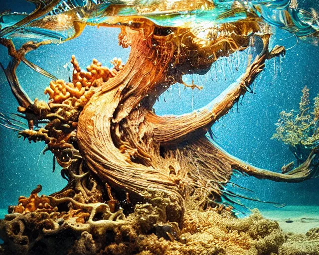 Prompt: complex creature scales gills and fins, fishlike creature tree roots strangled, water splash, flowing, coral, glass debris pieces, dust particles, dramatic lighting, electronic wires, fire sparks, high resolution photo,