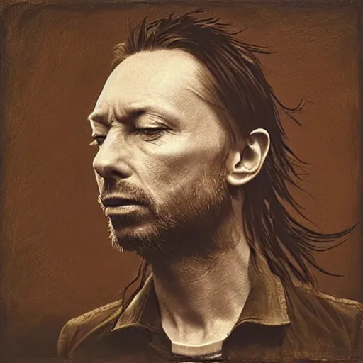 Image similar to “Thom Yorke face in profile, made of flowers, in the style of the Dutch masters, dark and moody”