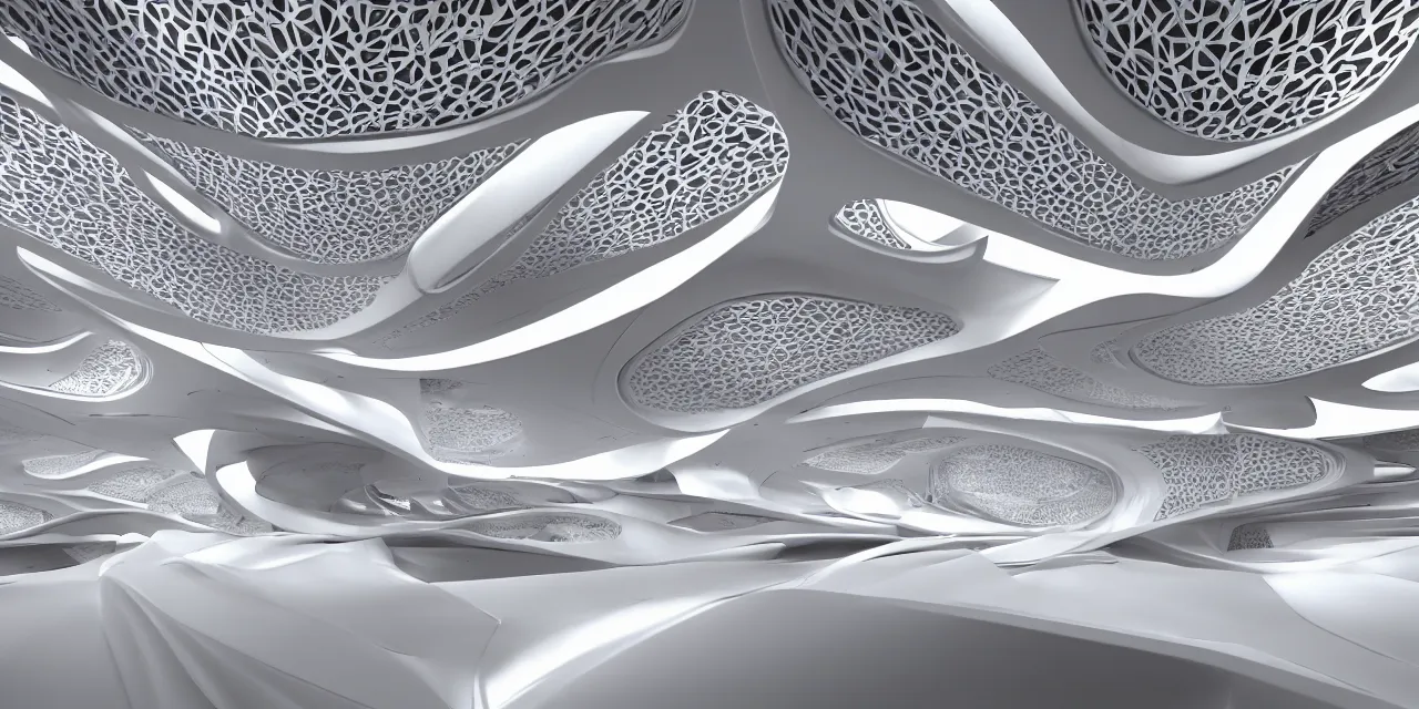 Image similar to a photorealistic 3 d seamless damask pattern futuristic robotic spaceship interior in the style of zaha hadid, damask pattern, white and gold, high contrast, 3 d realistic model render in unreal engine 5, octane, artstation trending, ultra high detail, ultra realistic, cinematic, 8 k, large realistic large elements in plastic, dark atmosphere,