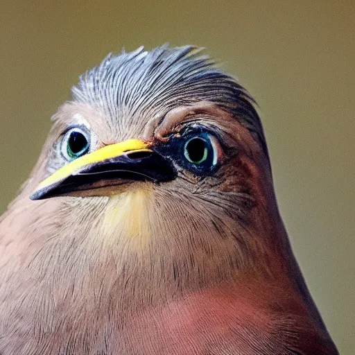 Prompt: extremely detailed cartoon bird looking directly into camera