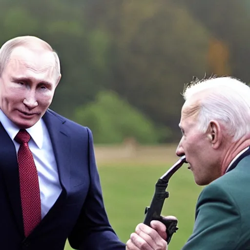 Prompt: photo of putin firing a water gun at biden face