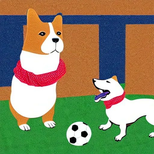 Image similar to illustration of french boy in paris playing football against a corgi, the corgi is wearing a polka dot scarf