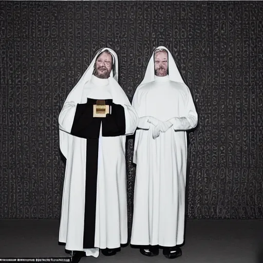 Image similar to award winning photo Aphex twin dresses as nuns,Very long arms, in a sanctuary —width 1024 —height 1024