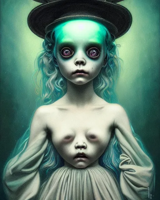 Image similar to one singular portrait of a cute bioluminescent creepy doll, post grunge, highly detailed, digital painting, cinematic, hyper realism, dark retrowave, art by mark ryden and pixar and artgerm and magali villeneuve and alphonse mucha, artstation, octane render, cgsociety