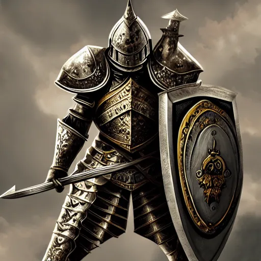 Image similar to ultra detailed and ornate digital art of a knight in battle armor carrying a sword and shield in an action pose with a castle in the background