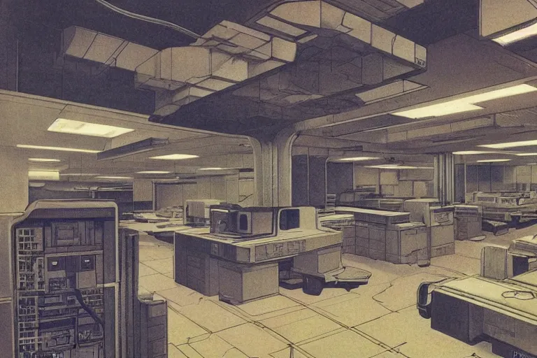 Image similar to 1979 OMNI Magazine Cover depicting a large architectural drafting room. Cyberpunk Akira style by Vincent Di Fate