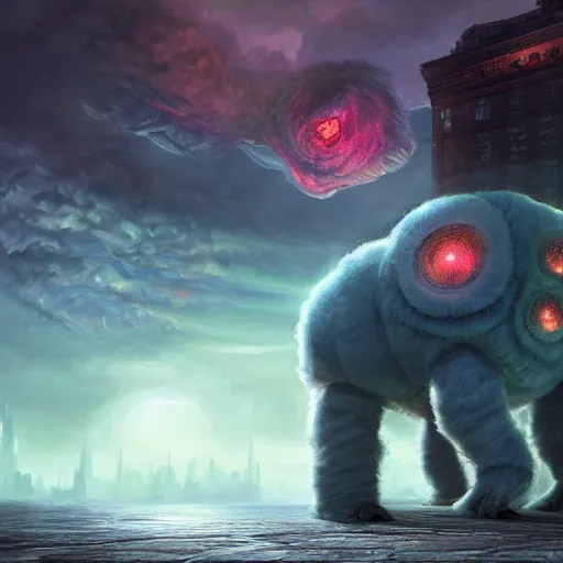 Image similar to colossal fluffy tardigrade attacking new york, fantasy, medieval, vivid colors, elegant, concept art, sharp focus, beautiful face, digital art, hyper - realistic, 4 k, unreal engine, highly detailed, hd, dramatic lighting by brom, trending on artstation