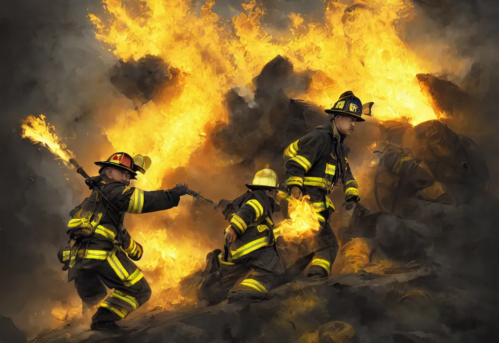 Image similar to one heroic firefighter in action in black and yellow uniform, fire flames, sharp details, sharp focus, realistic, highly detailed, illustration, by yerbol bulentayev and murat gul and pablo olivera and greg rutkowski, bloom, dramatic lighting