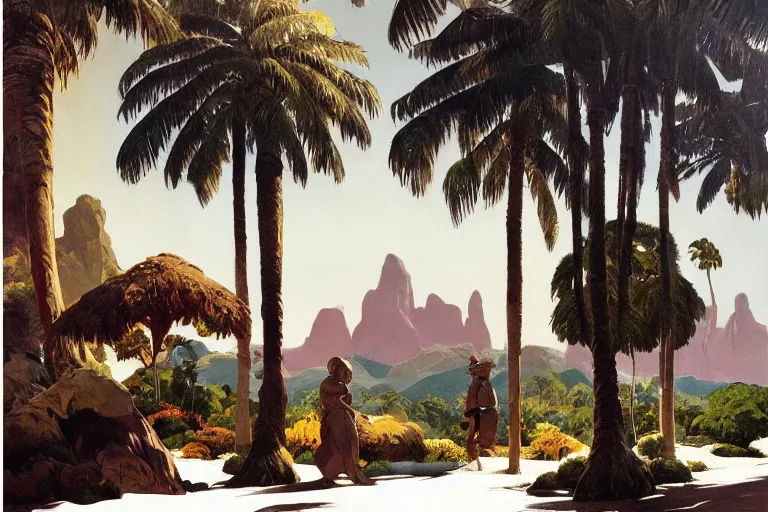 Image similar to natural american landscape | robot greeting another robot | palm trees | snowy mountains, painting by syd mead and weta studio and james jean, frank frazetta, highly detailed, rule of third, soft lighting, 8 k resolution, oil on canvas, architectural magazine, beautiful detailed, insanely intricate details, artstation trending, hypermaximalistic, high details, cinematic