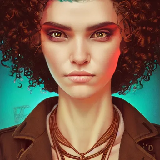 Image similar to Lofi vaporwave cyberpunk portrait woman with short brown curly hair, Pixar style, Tristan Eaton, Stanley Artgerm, Tom Bagshaw