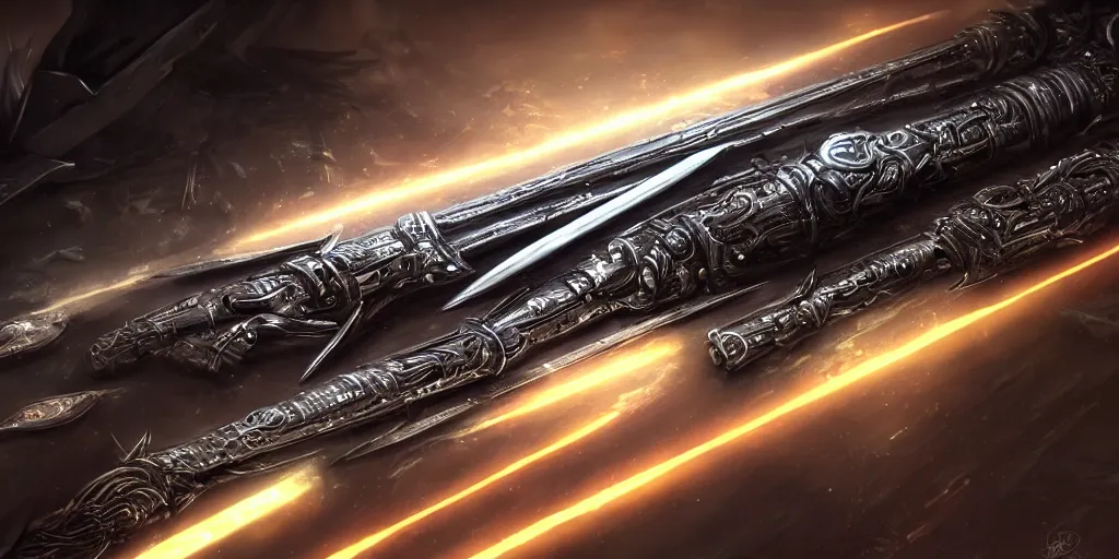 Image similar to legendary cybernetic full long sharp sword lying flat on a glowing table with a black and iridescent sword blade, digital award winning hd matte painting, intimate dark moody, intricate, ornate spikes, colorful gems on hilt, detailed realistic raytraced blade, future golden technological pommel, in the style of greg rutkowski and krenz cushart, deviantart