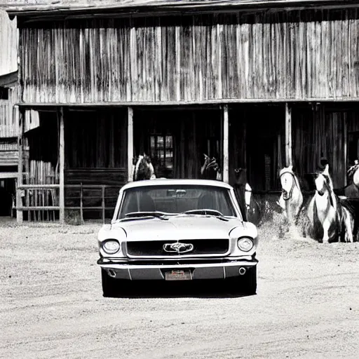 Prompt: “1965 Ford Mustang in a Wild West town with horses and people dressed in 1800s attire in background, photorealistic, high detail”