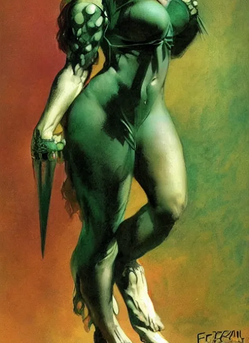 Prompt: mighty plump female necromancer sorceress, green tiara, strong line, muted color, beautiful! coherent! by frank frazetta, by brom