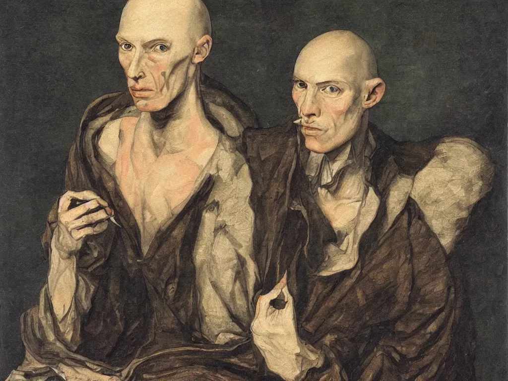 Image similar to Portrait of bald, bony, high cheekbones, primitive, green-eyed. Painting by Matthias Grünewald