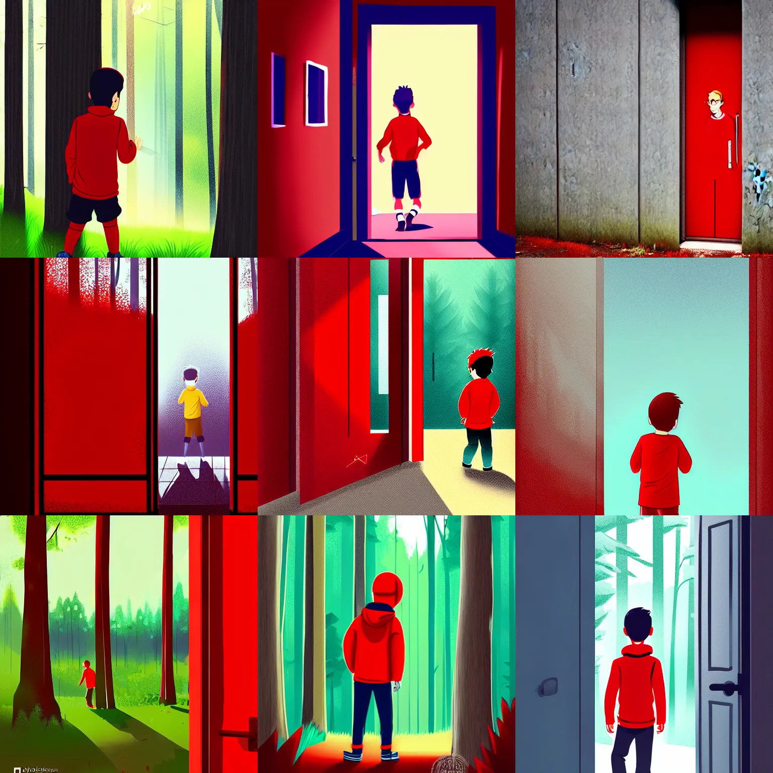 Prompt: boy in red knock the door of a cabine in a forest, by aenami, alena