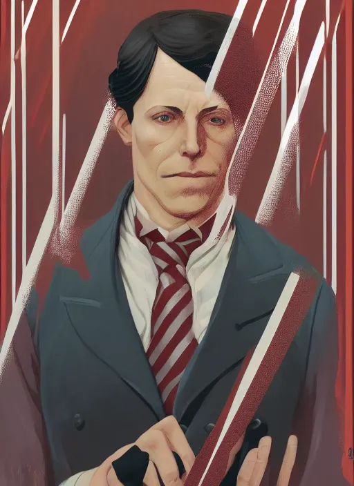 Prompt: artwork by Michael Whelan, Bob Larkin and Tomer Hanuka, of a solo individual portrait of man, wearing a 1920s red striped outfit, dapper, simple illustration, domestic, nostalgic, full of details, by Makoto Shinkai and thomas kinkade, Matte painting, trending on artstation and unreal engine