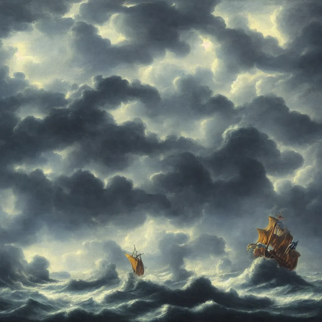 Image similar to a fantasy landscape. subject : kraken in a stormy sea, giant waves, lightning in the background, small boat, oil painting, 4 k