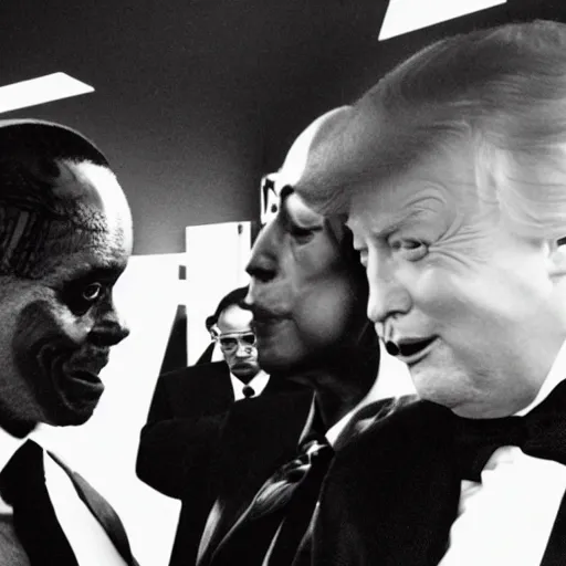 Image similar to an alien meeting the president, highly detailed, highly intricate, black and white